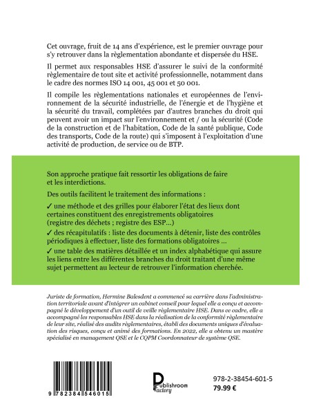 Guide juridique des responsables HSE -Hygiène/Sécurité/Environnement Edition 2023 -de Hermine BALESDENT
